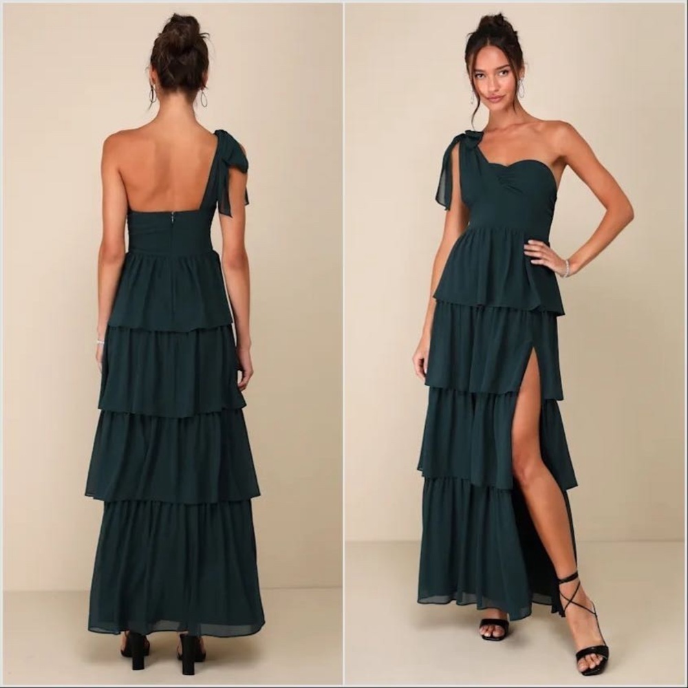 Lulus Elevated Vision Emerald Green One-Shoulder Tiered Maxi Dress Women’s Small